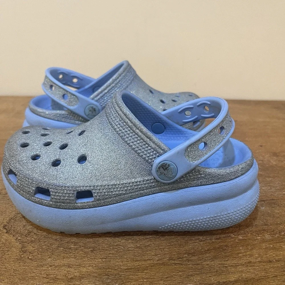 Crocs‎ Kids C13 Platform Clogs Blue Glitter Classic Comfort Strap Slip On Shoes